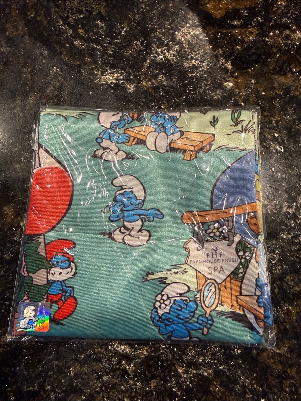 Collectible Farmhouse Fresh Smurf Village Silk Scarf. NWT